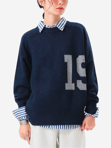 Pull bleu en laine et soie mélangées avec grand logo