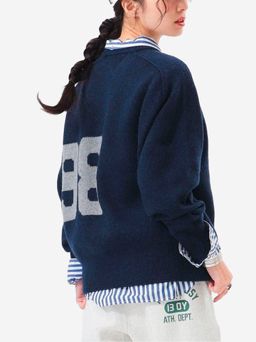 Pull bleu en laine et soie mélangées avec grand logo