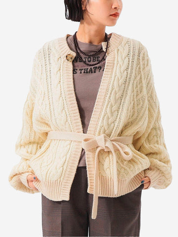 Cardigan Aran 3 jauge 2 tons ivoire avec ceinture
