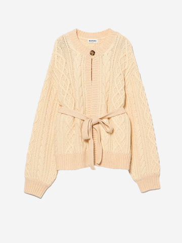 Cardigan Aran 3 jauge 2 tons ivoire avec ceinture