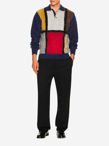 Blaues Poloshirt aus Zottelstrick mit Mohair