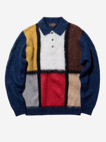 Blaues Poloshirt aus Zottelstrick mit Mohair