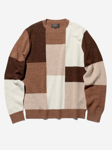 Intarsia trui met ronde hals en bruin patroon