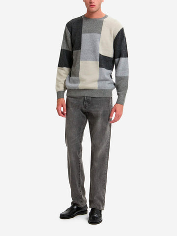 Intarsia trui met ronde hals en grijs patroon