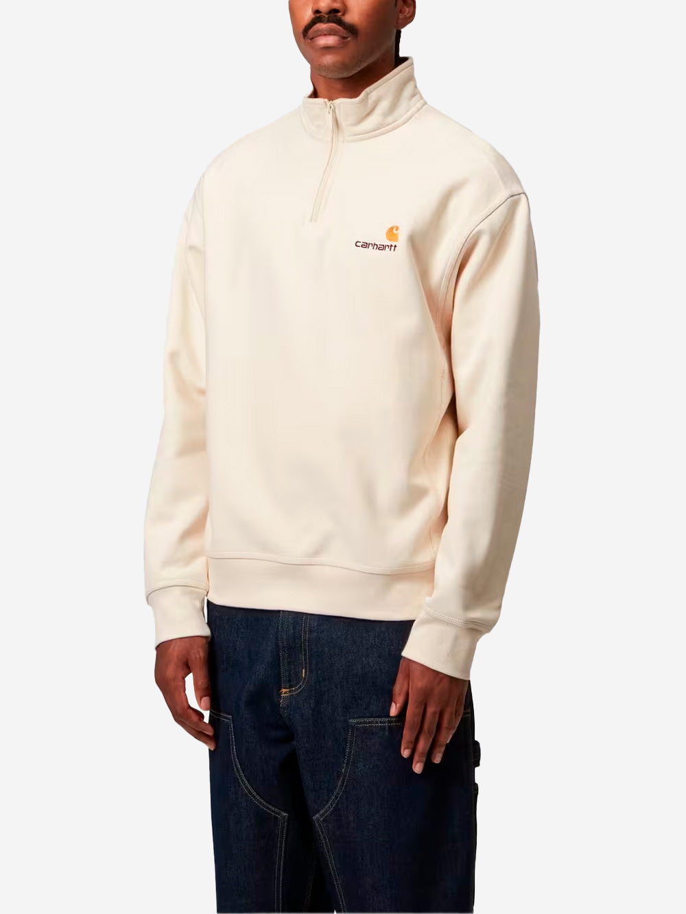 CARHARTT WIP Felpa Half Zip bianco naturale con ricamo americano Panna Urbanstaroma