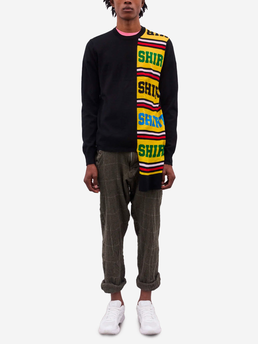 COMME DES GARCONS SHIRT Maglione nero misto lana con pannello Football Scarf Multicolor Urbanstaroma