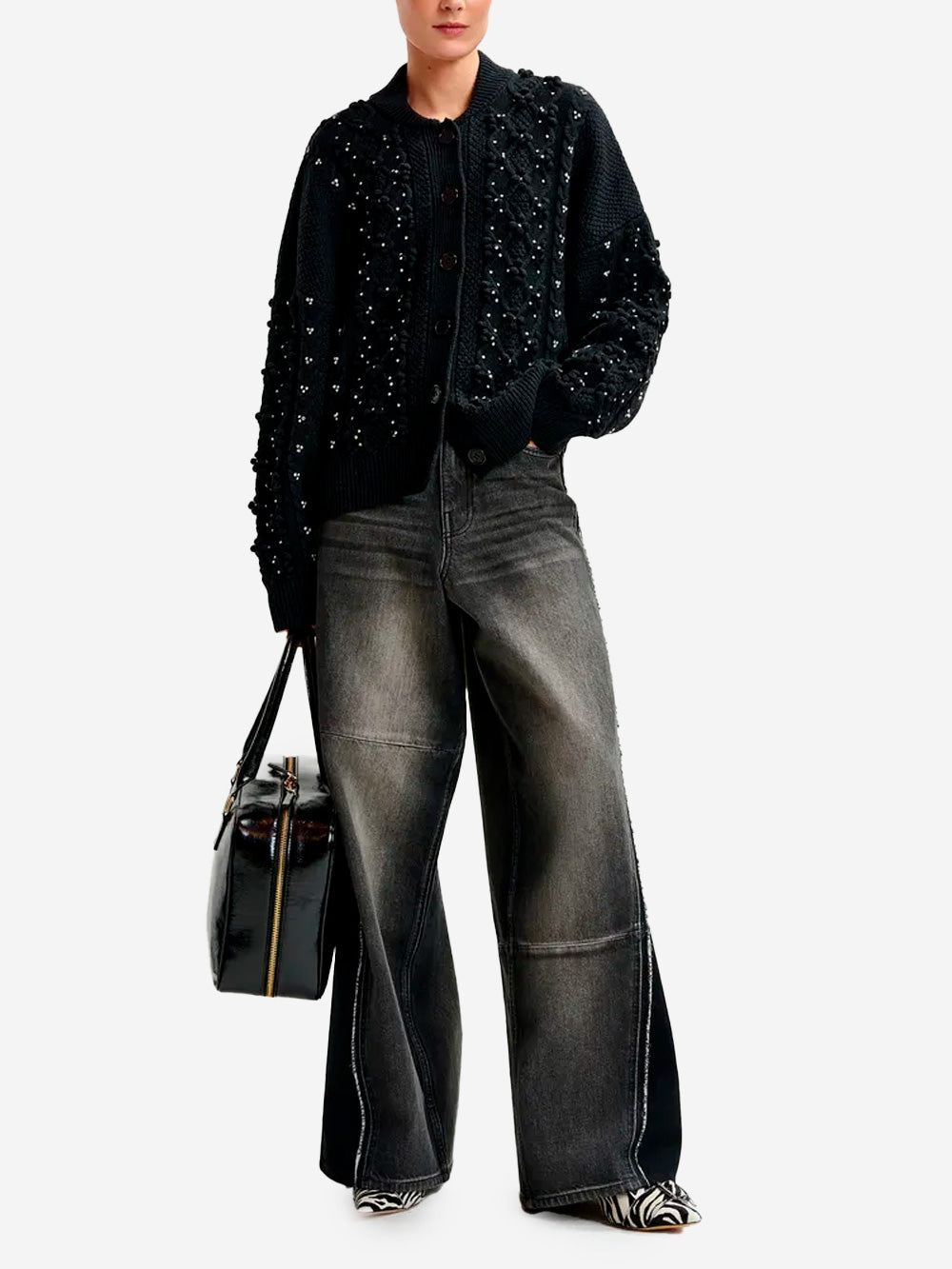 ESSENTIEL ANTWERP Cardigan nero in misto lana a trecce con decorazioni in strass Nero Urbanstaroma