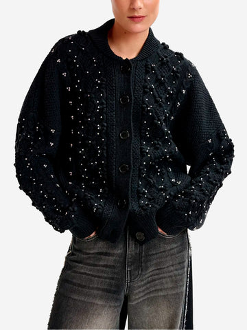 ESSENTIEL ANTWERP Cardigan nero in misto lana a trecce con decorazioni in strass Nero