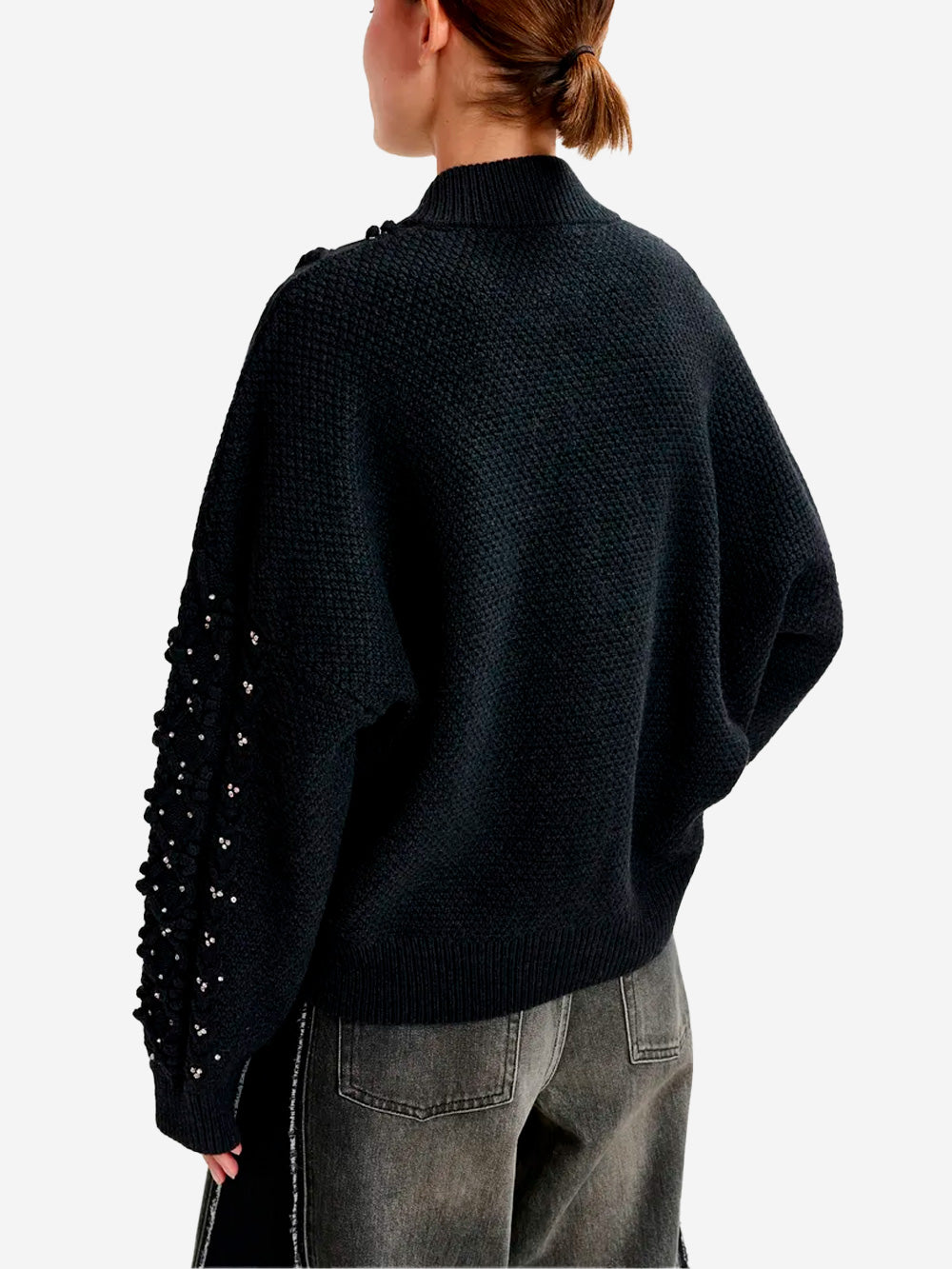 ESSENTIEL ANTWERP Cardigan nero in misto lana a trecce con decorazioni in strass Nero Urbanstaroma