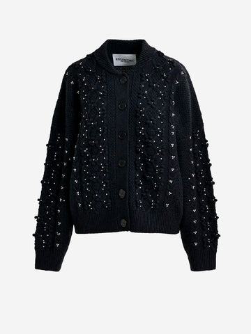 ESSENTIEL ANTWERP Cardigan nero in misto lana a trecce con decorazioni in strass Nero