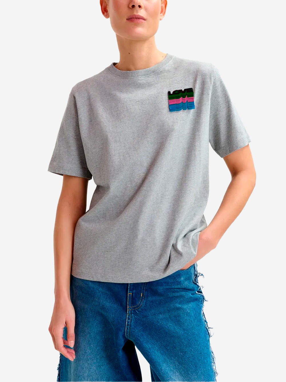 ESSENTIEL ANTWERP T-shirt grigia con ricamo di paillettes 'Love' Grigio Urbanstaroma