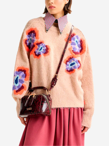 ESSENTIEL ANTWERP Maglione in misto mohair beige con jacquard floreale Rosa