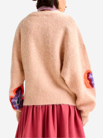ESSENTIEL ANTWERP Maglione in misto mohair beige con jacquard floreale Rosa