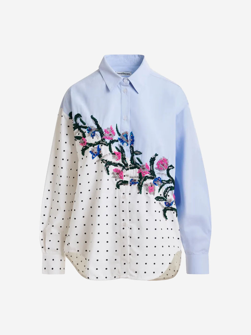 ESSENTIEL ANTWERP Camicia blu ricamata con pailettes floreali e stampa a pois Blue Urbanstaroma