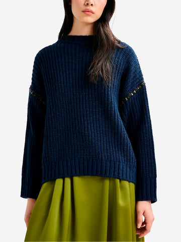 ESSENTIEL ANTWERP Dolcevita in misto lana navy con colletto staccabile e decorazioni in strass Navy