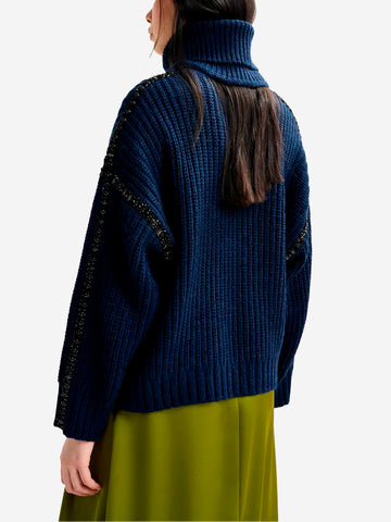 ESSENTIEL ANTWERP Dolcevita in misto lana navy con colletto staccabile e decorazioni in strass Navy