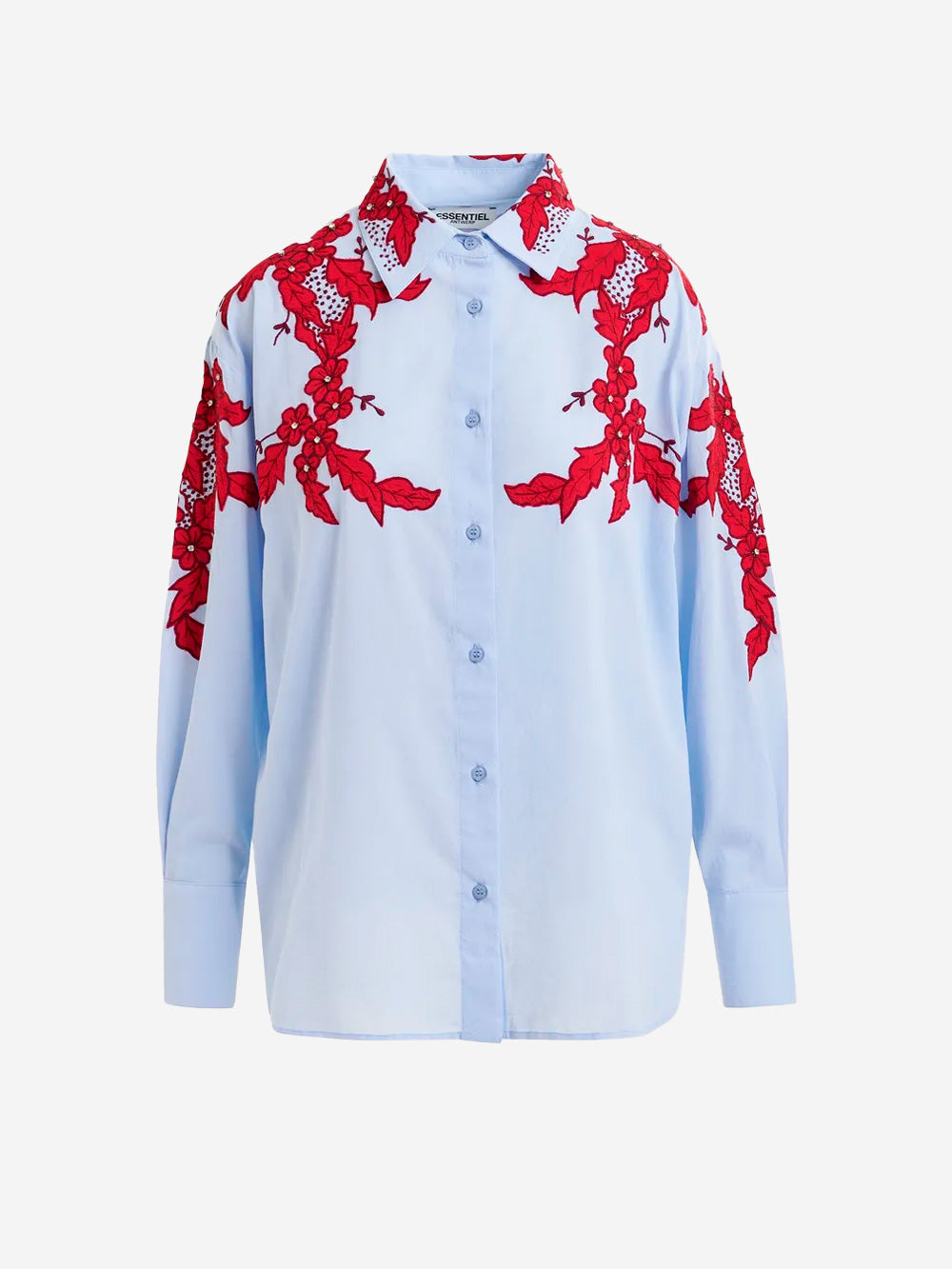 ESSENTIEL ANTWERP Camicia azzurra e bordeaux ricamata con fiori e strass Celeste rossa Urbanstaroma