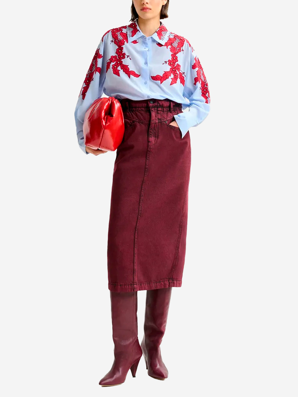 ESSENTIEL ANTWERP Camicia azzurra e bordeaux ricamata con fiori e strass Celeste rossa Urbanstaroma