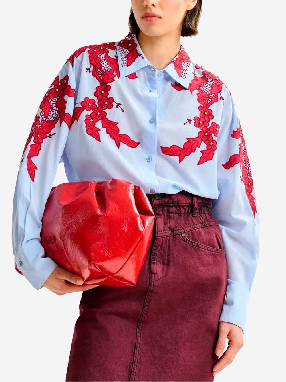 ESSENTIEL ANTWERP Camicia azzurra e bordeaux ricamata con fiori e strass Celeste rossa Urbanstaroma