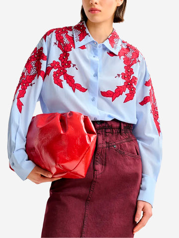 ESSENTIEL ANTWERP Camicia azzurra e bordeaux ricamata con fiori e strass Celeste rossa