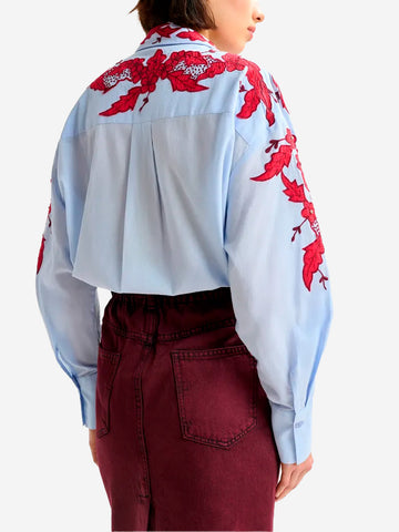 ESSENTIEL ANTWERP Camicia azzurra e bordeaux ricamata con fiori e strass Celeste rossa