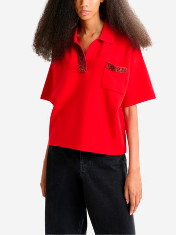 ESSENTIEL ANTWERP Polo rossa con decorazioni di perline Rosso