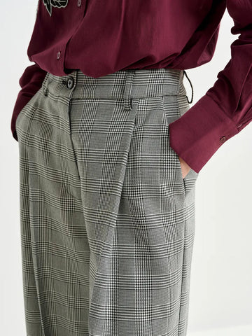 ESSENTIEL ANTWERP Pantaloni sartoriali a Gamba Larga a Quadri Grigi e Neri Bianco nero