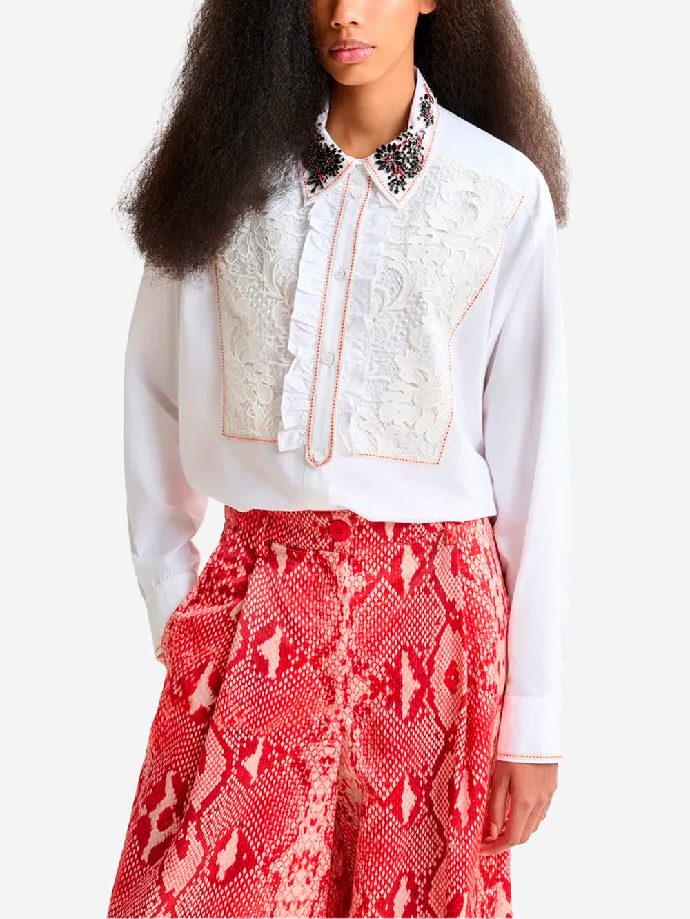 ESSENTIEL ANTWERP Camicia di cotone bianco con inserto in pizzo ricamato Bianco Urbanstaroma