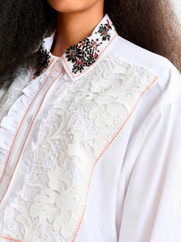 ESSENTIEL ANTWERP Camicia di cotone bianco con inserto in pizzo ricamato Bianco