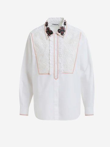 ESSENTIEL ANTWERP Camicia di cotone bianco con inserto in pizzo ricamato Bianco