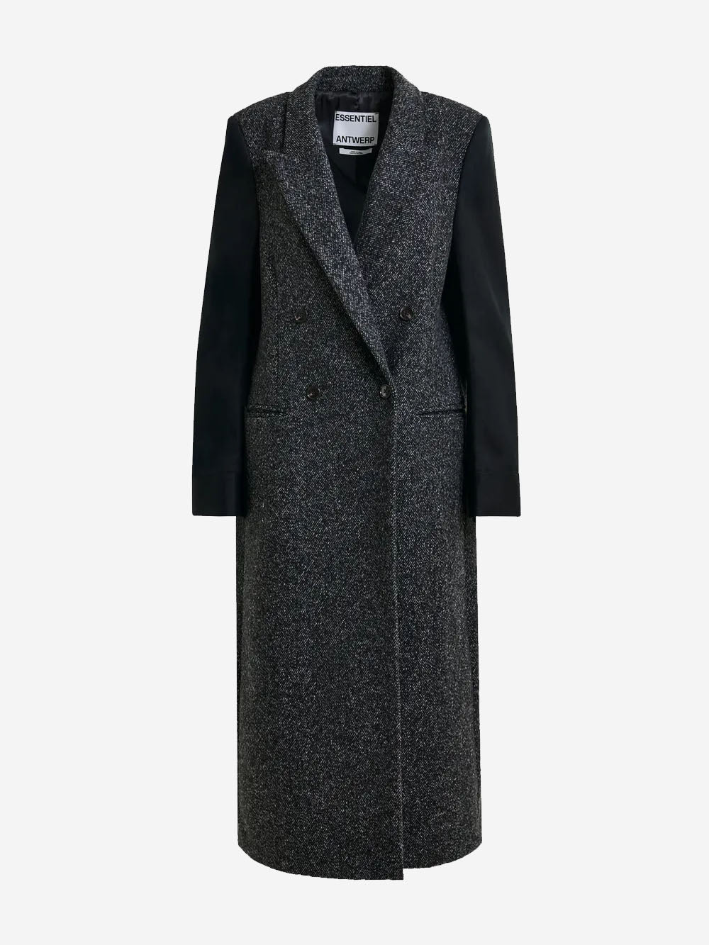 ESSENTIEL ANTWERP Cappotto Doppio Petto misto lana con Maniche a Contrasto Nero Urbanstaroma