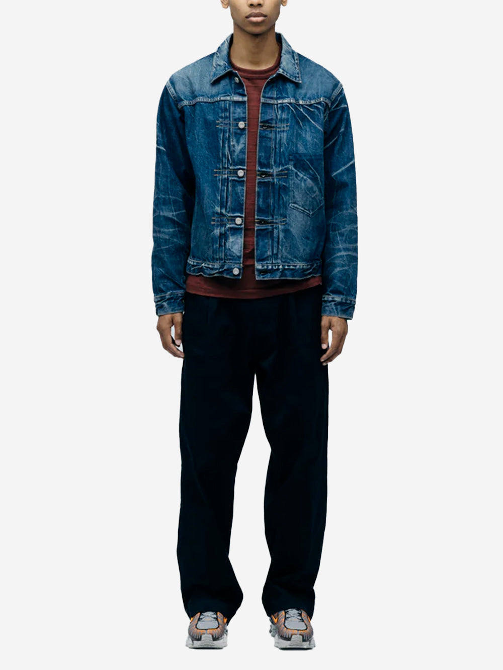 HUMAN MADE Denim Work Jacket distressed con cuciture a catenella Blu Urbanstaroma