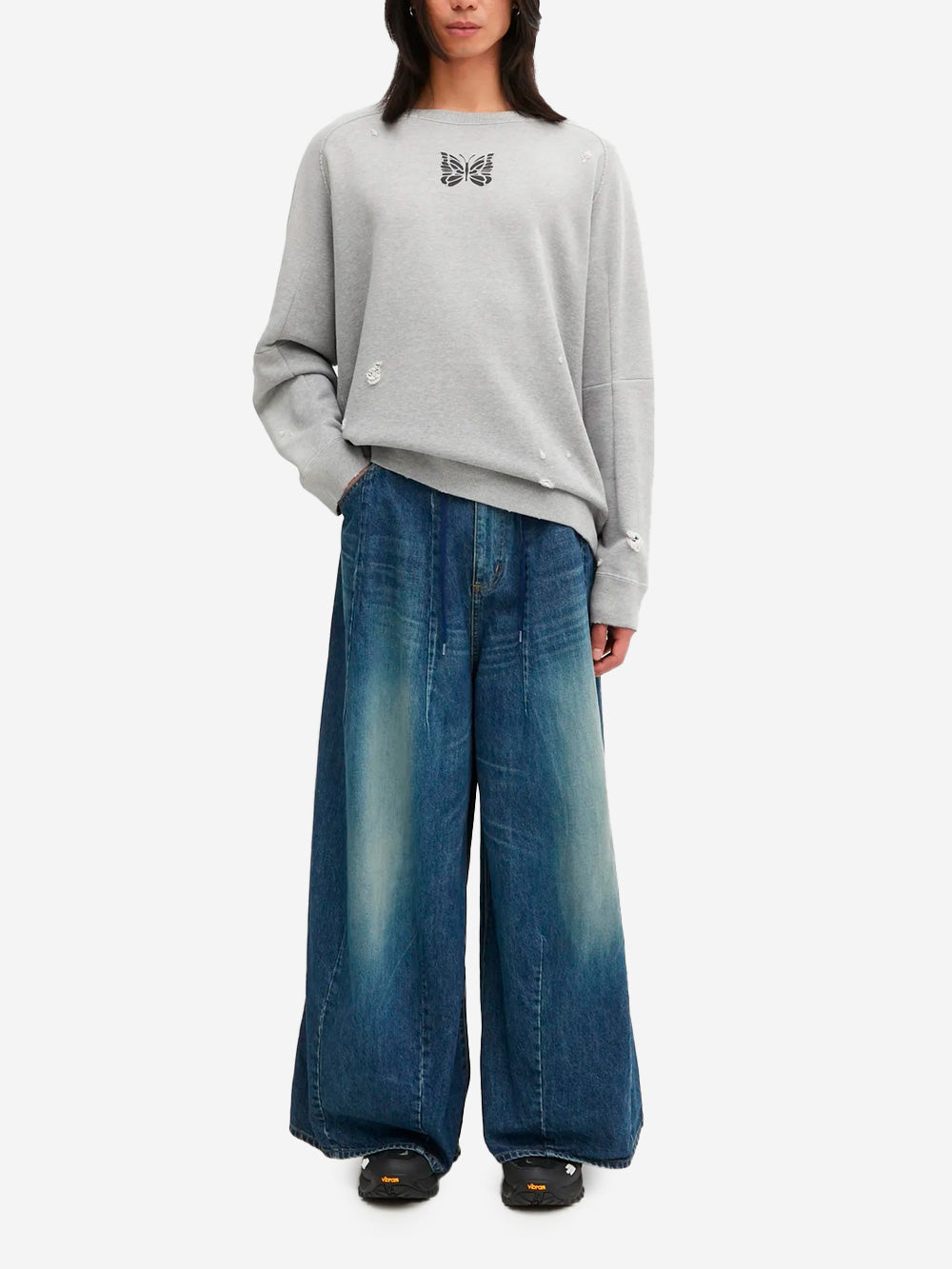 NEEDLES Felpa grigia decostruita distreesed in cotone French Terry Grigio chiaro Urbanstaroma