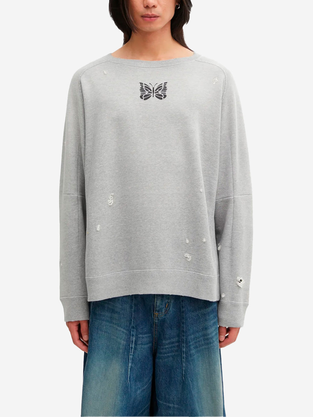 NEEDLES Felpa grigia decostruita distreesed in cotone French Terry Grigio chiaro Urbanstaroma