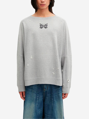 NEEDLES Felpa grigia decostruita distreesed in cotone French Terry Grigio chiaro