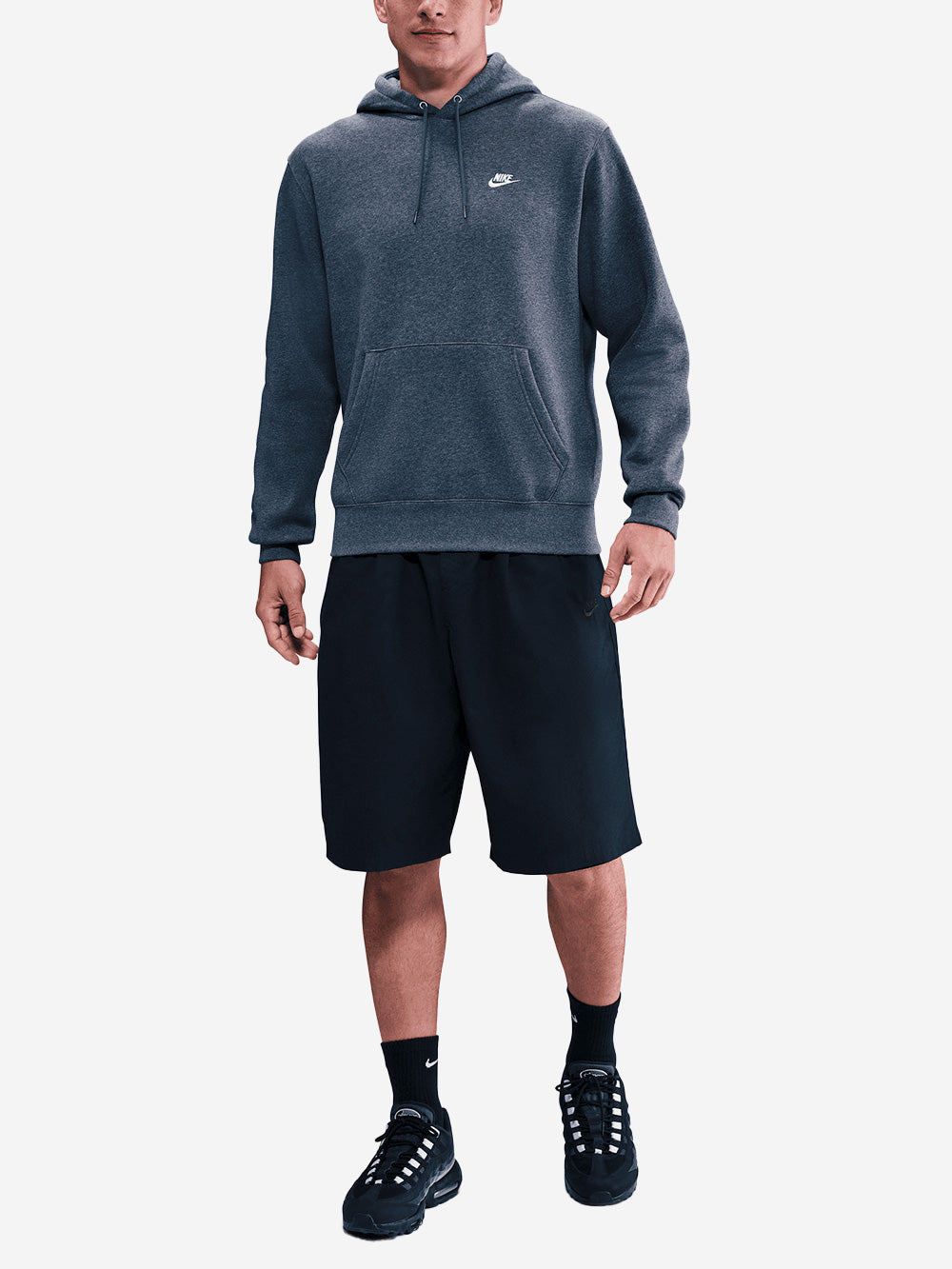Gray pullover sweatshirt with hood and swoosh