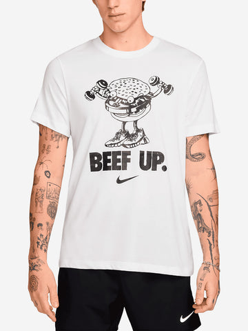 NIKE T-shirt da training bianca Dri-FIT con grafica 'Beef up' Bianco