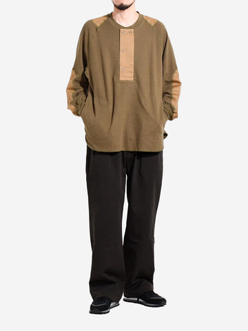 NORBIT Maglia verde in misto lana waffle con collo Henley Oliva