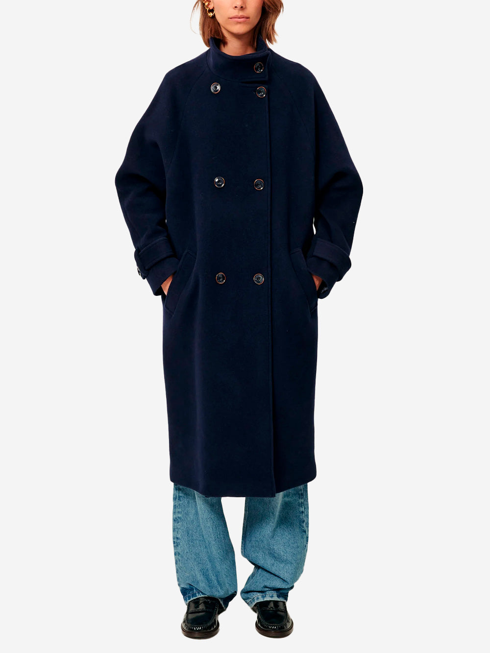 SESSUN Cappotto blu doppiopetto lungo 'Bleeckett' con collo alto Blu Urbanstaroma