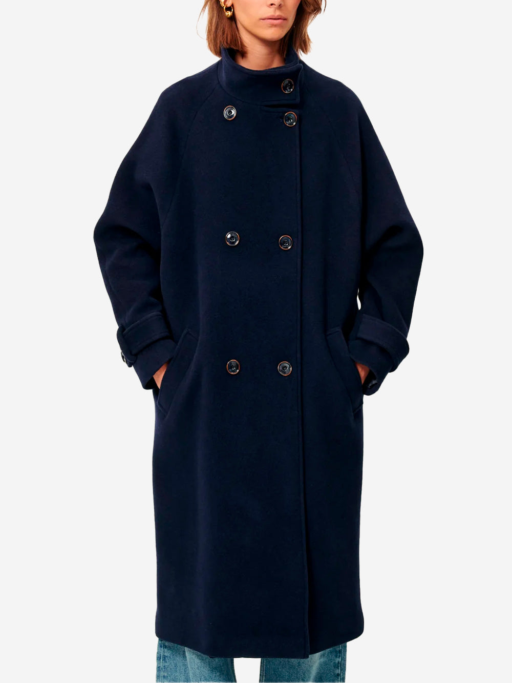 SESSUN Cappotto blu doppiopetto lungo 'Bleeckett' con collo alto Blu Urbanstaroma