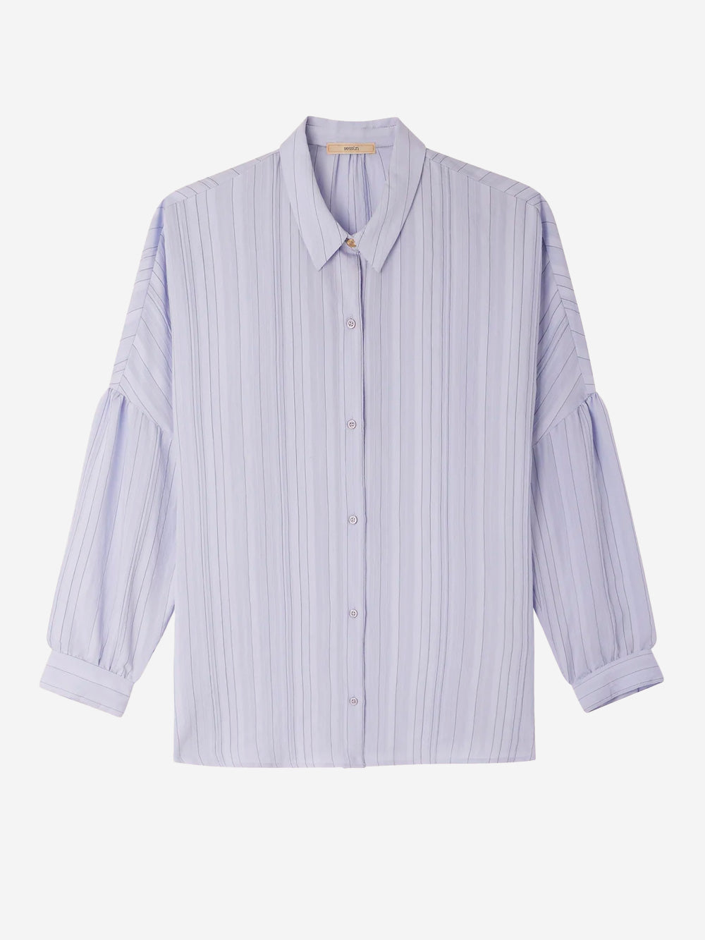 SESSUN Camicia a righe blu in viscosa con arricciature e bottone gioiello Blu Urbanstaroma