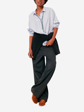 SESSUN Camicia a righe blu in viscosa con arricciature e bottone gioiello Blu