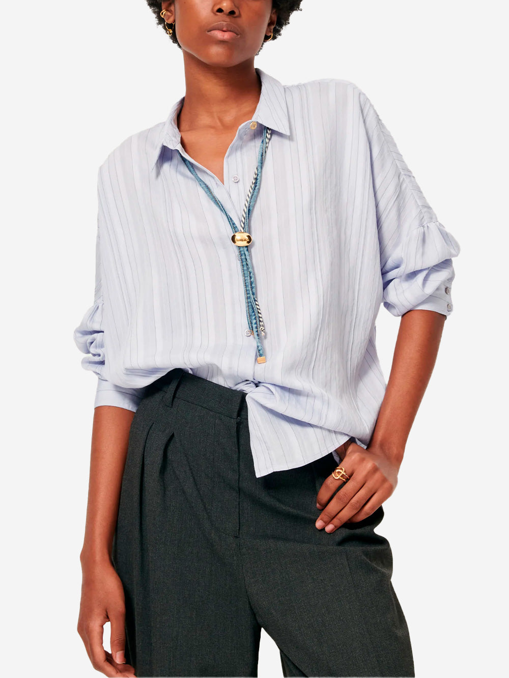 SESSUN Camicia a righe blu in viscosa con arricciature e bottone gioiello Blu Urbanstaroma