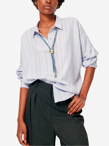 SESSUN Camicia a righe blu in viscosa con arricciature e bottone gioiello Blu