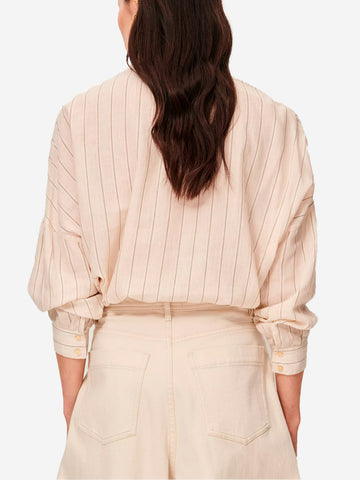 SESSUN Camicia a righe nere in viscosa con arricciature e bottone gioiello Beige