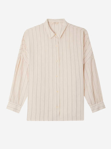 SESSUN Camicia a righe nere in viscosa con arricciature e bottone gioiello Beige