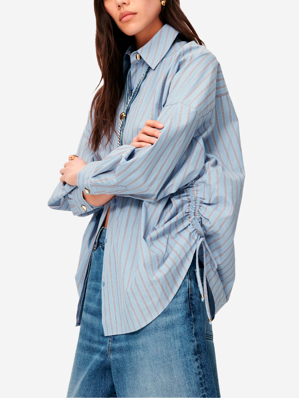 SESSUN Camicia Oversize in Popeline con Laccetti Laterali Celeste Urbanstaroma