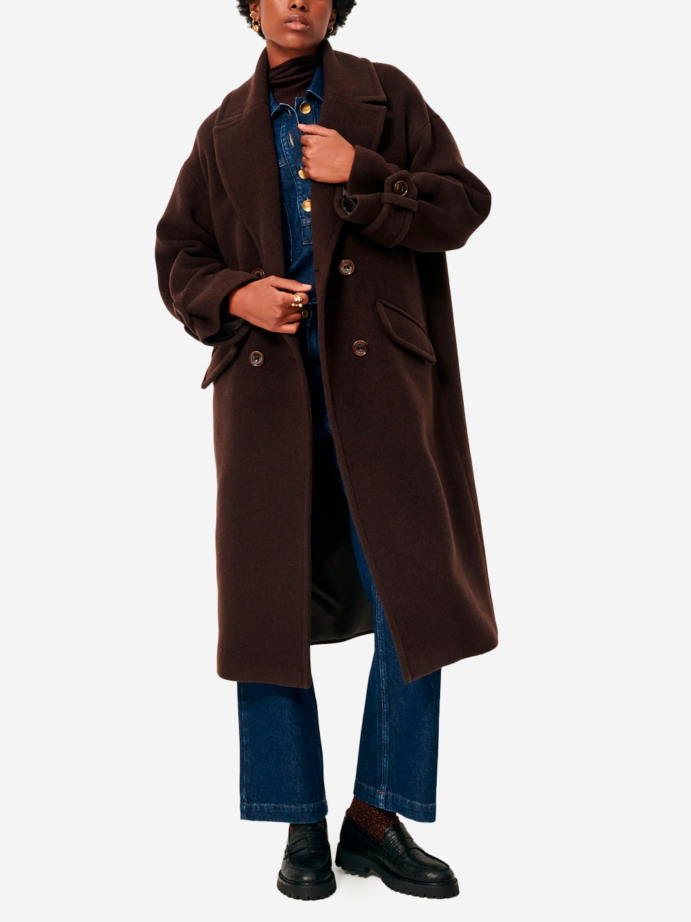 SESSUN Cappotto lungo doppiopetto 'Mia' in misto lana marrone caffè Marrone scuro Urbanstaroma