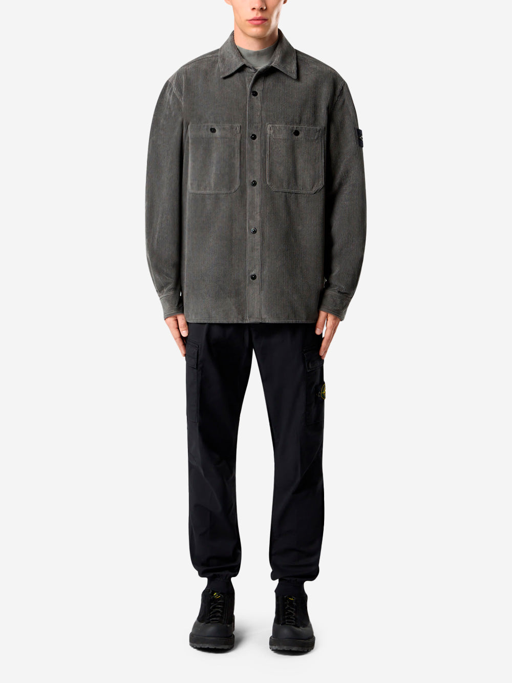 STONE ISLAND Overshirt in velluto a coste con badge Compass Grigio Urbanstaroma