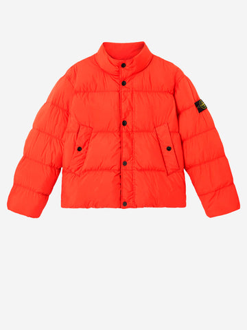 STONE ISLAND Giubbotto scarlatto in nylon in piuma d'oca con badge arancione